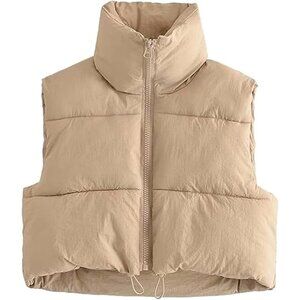 Women's Beige Fashion High Neck Zipper Cropped Puffer Vest Jacket Coat Cardigan